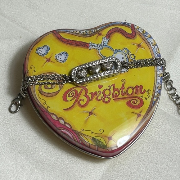 Brighton Kiss & Tell Bracelet Silver Plated Crystals 8" Triple Chain & Tin - Picture 7 of 9